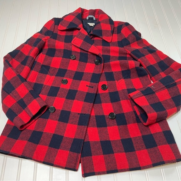 J.Crew Pea Coat Buffalo Check Red Black Wool Short Double Breasted 6 Women Red - Picture 1 of 3